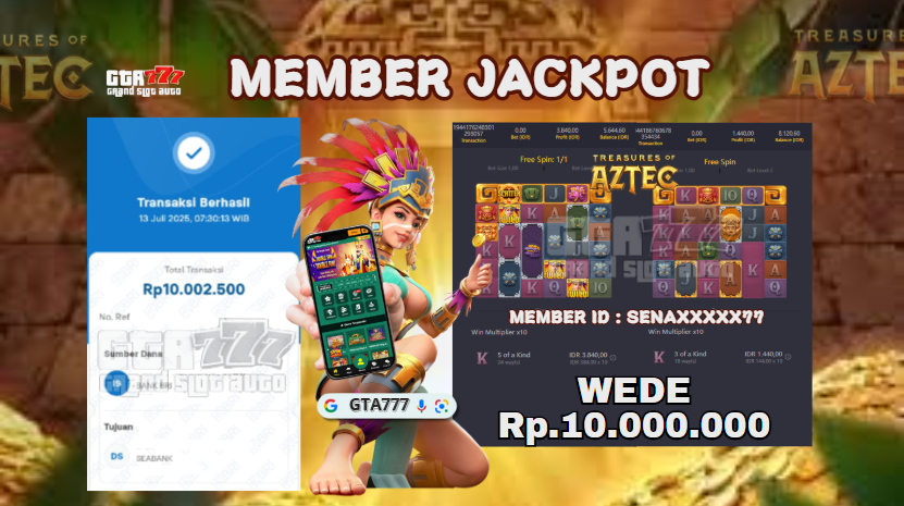 BUKTI KEMENANGAN MEMBER GTA777 -  PG SOFT RP 10 JUTA