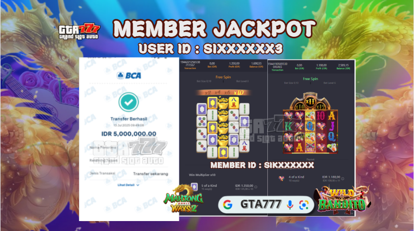 BUKTI KEMENANGAN MEMBER DARI GTA777 -  RP 5 JUTA