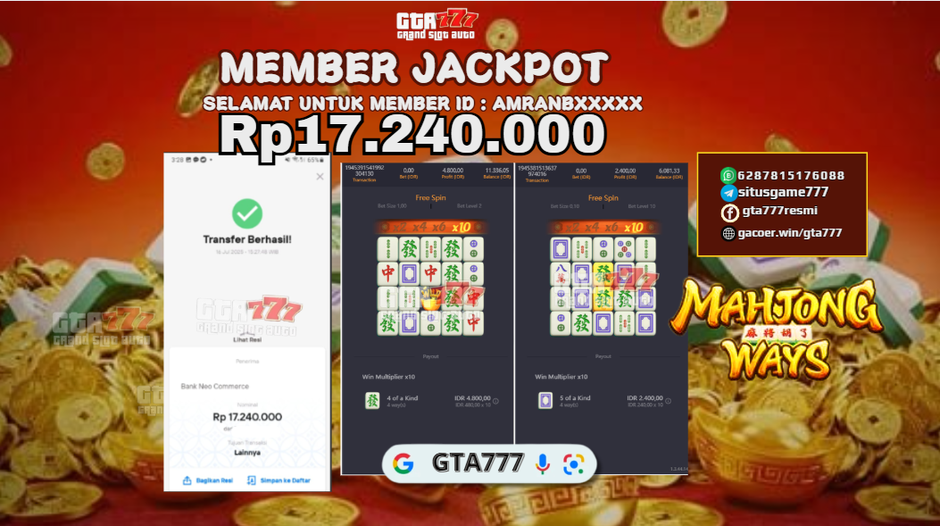 BUKTI KEMENANGAN MEMBER JACKPOT RP. 17 JUTA