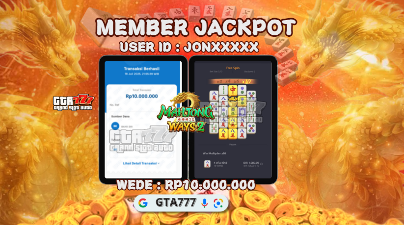 BUKTI KEMENANGAN MEMBER JACKPOT RP. 10 JUTA ( MAHJONG WAYS 2 )
