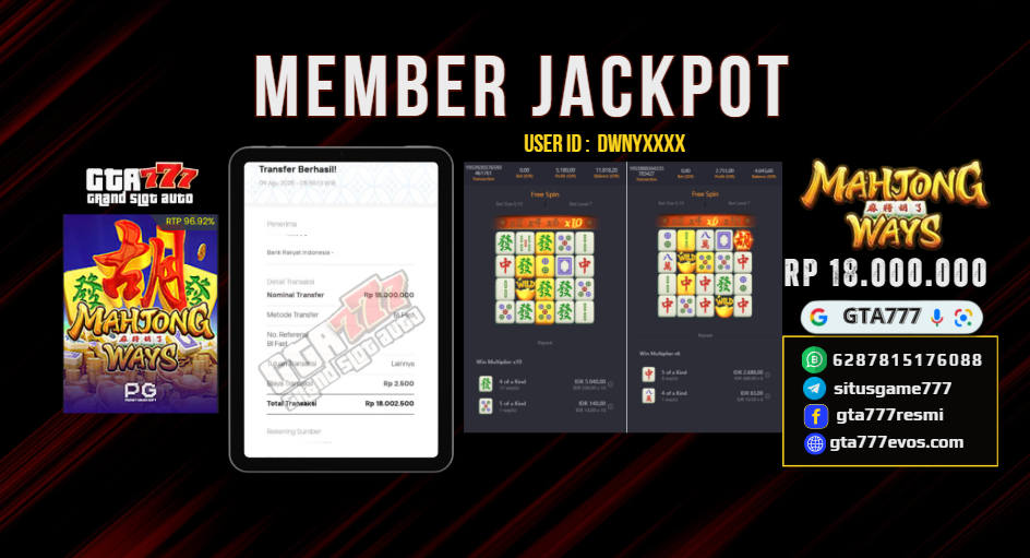 BUKTI KEMENANGAN MEMBER JACKPOT RP. 18.000.000 [ PG SOFT ]