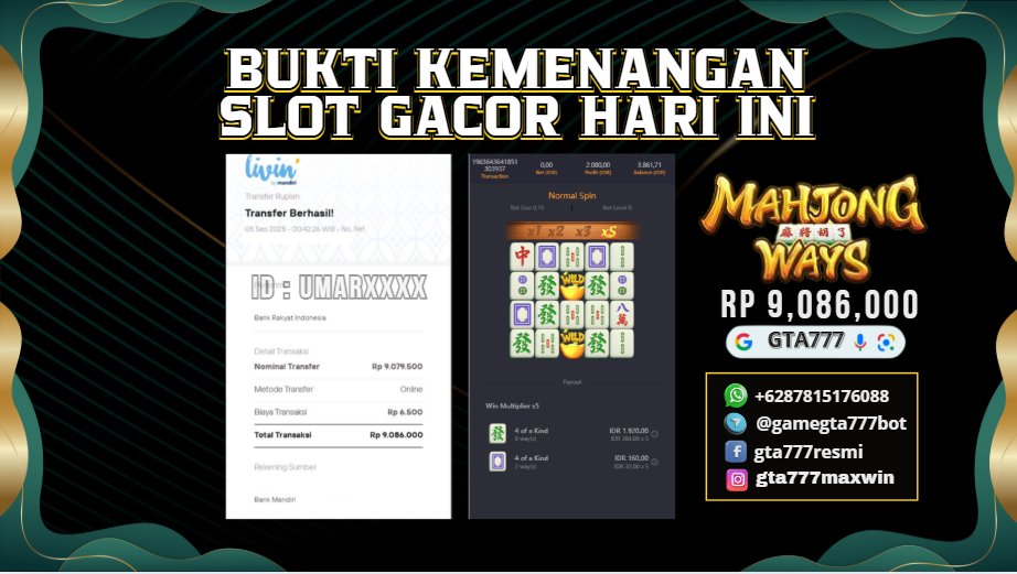 BUKTI KEMENANGAN MEMBER JACKPOT RP. 9 JUTA