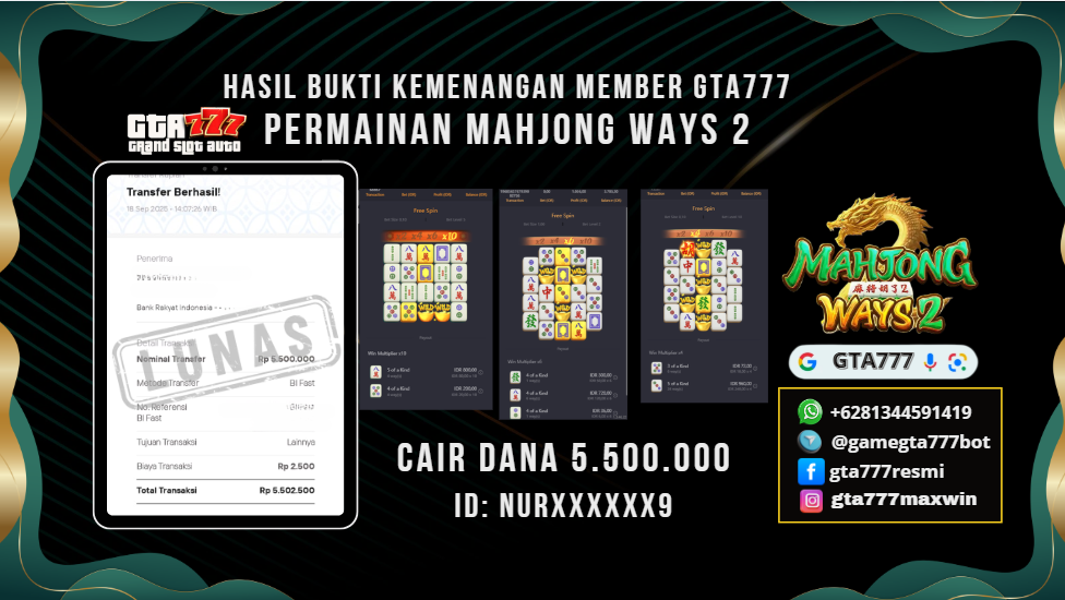 HASIL BUKTI KEMENANGAN MEMBER JACKPOT RP. 5,5 JUTA ( PG SOFT )
