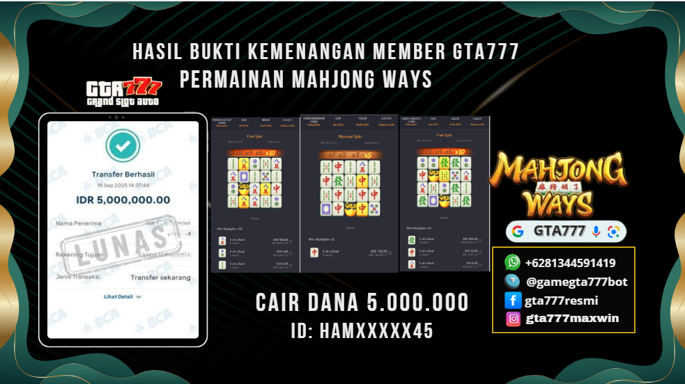 BUKTI KEMENANGAN MEMBER JACKPOT RP. 5 JUTA ( PG SOFT )