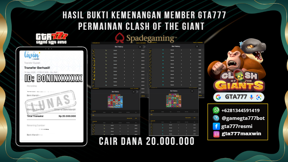 BUKTI KEMENANGAN MEMBER JACKPOT RP. 20 JUTA ( SPADE GAMING )
