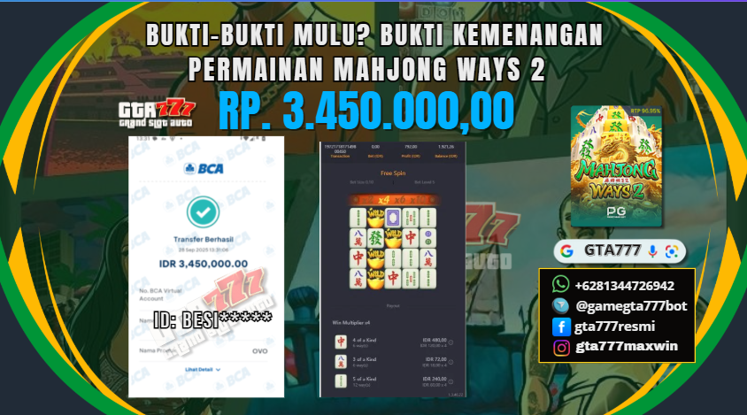 BUKTI KEMENANGAN MEMBER JACKPOT RP. 3,4 JUTA - PG SOFT