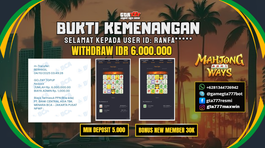 BUKTI KEMENANGAN MEMBER JACKPOT RP. 6 JUTA