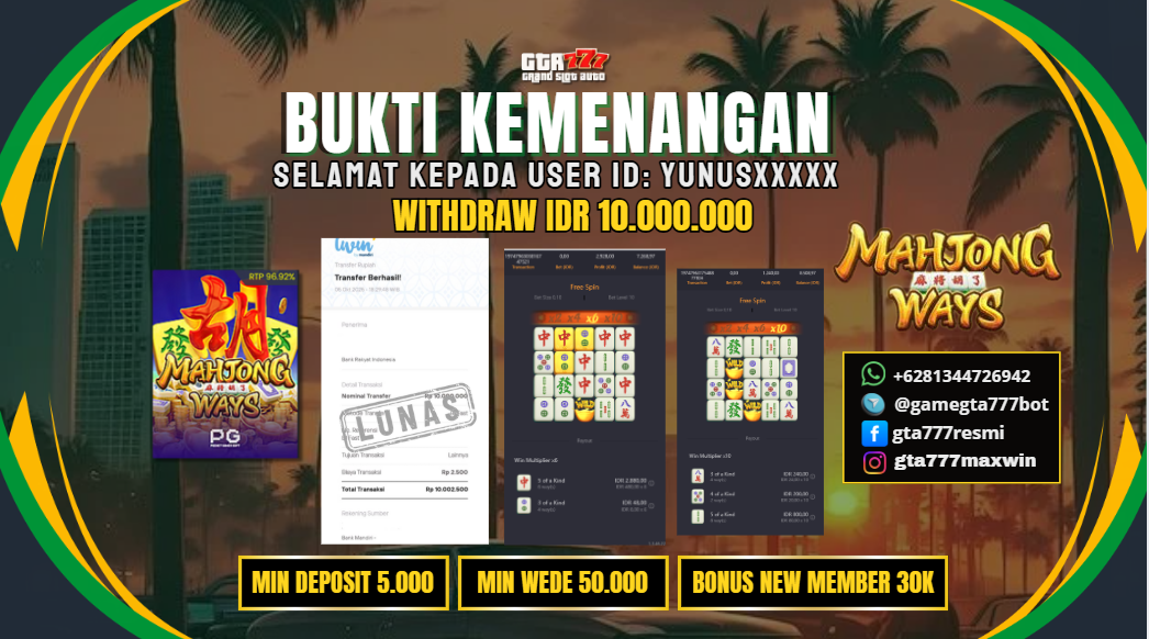 BUKTI KEMENANGAN MEMBER JACKPOT RP. 10 JUTA -  PG SOFT