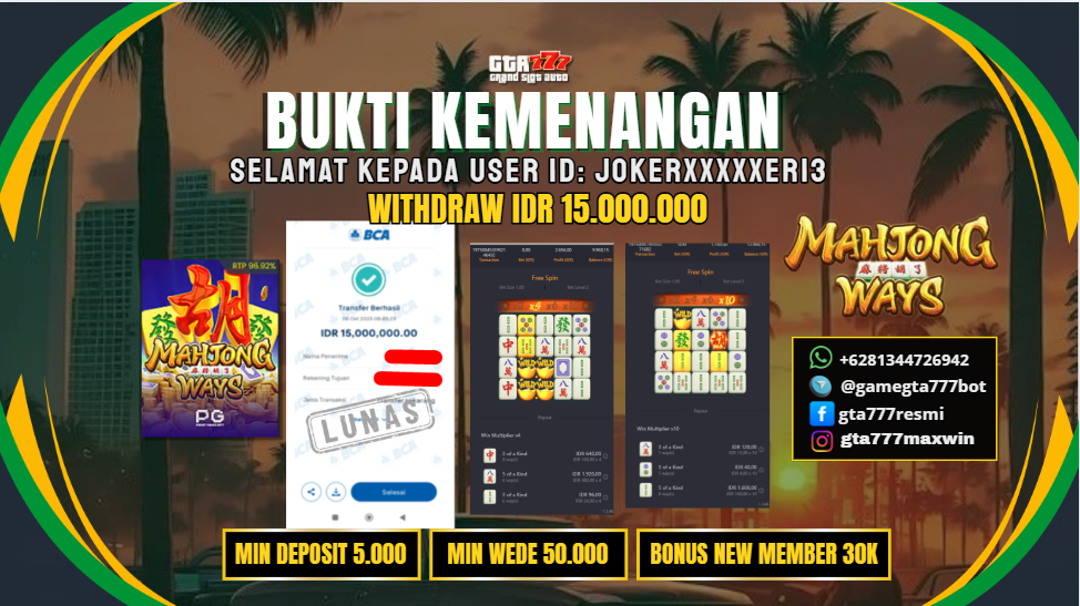 BUKTI KEMENANGAN MEMBER JACKPOT RP. 15 JUTA