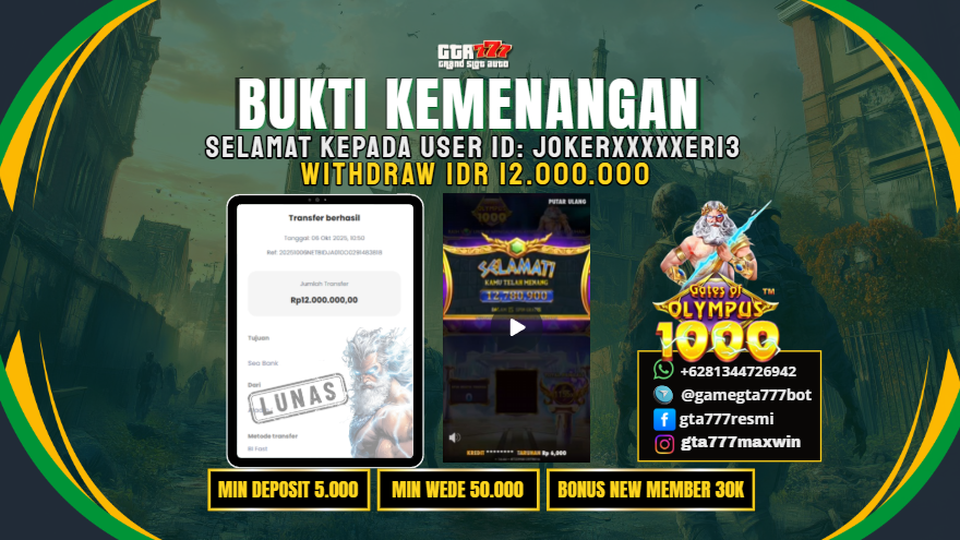 BUKTI KEMENANGAN MEMBER JACKPOT RP. 12 JUTA ( PRAGMATIC PLAY )