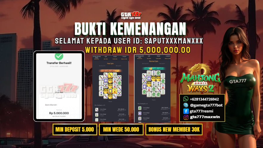 BUKTI KEMENANGAN MEMBER JACKPOT RP. 5 JUTA ( PG SOFT )